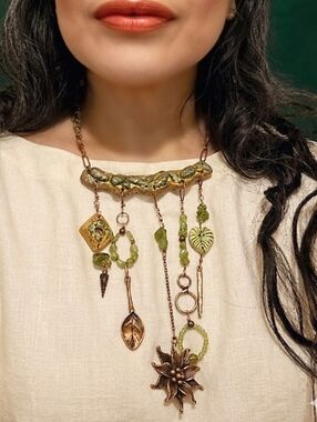 Green Leaf  Earth Natural Peridot In Unique Artisan Assemblage Copper Necklace
